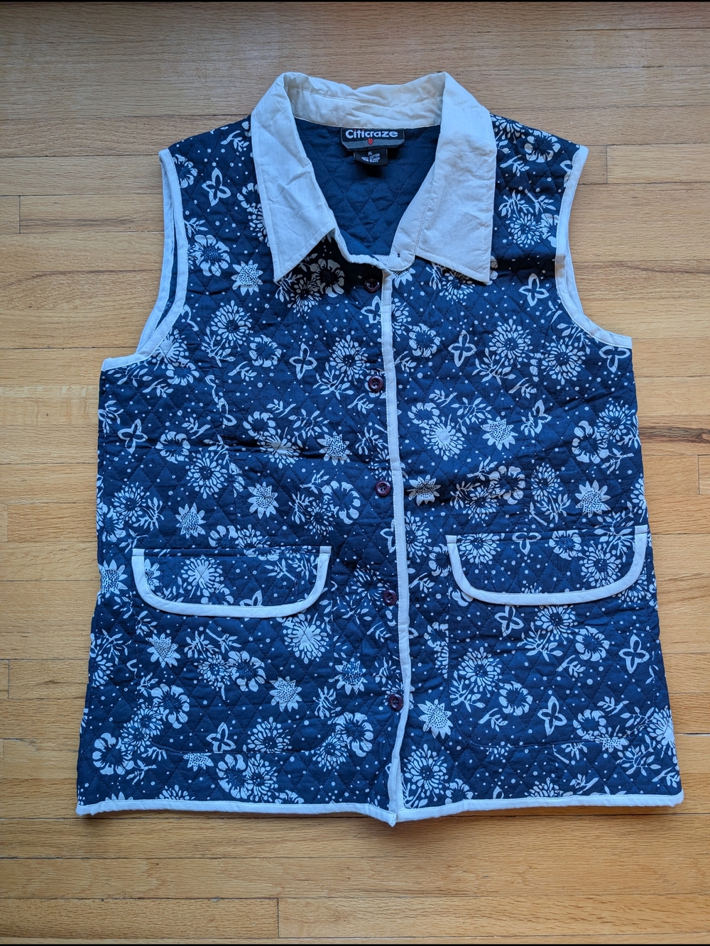 Vintage Navy Blue Quilted Floral Vest with Cream Trim XL 100% Cotton